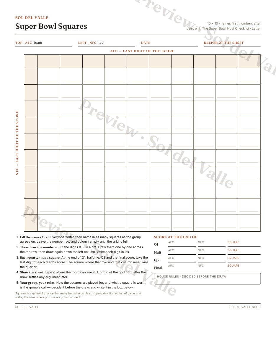 Super Bowl Squares — the 10×10 grid