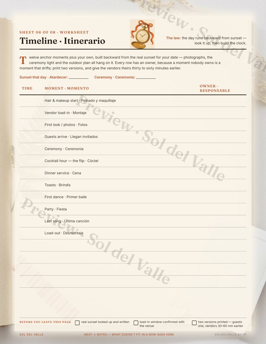 Day-of timeline — sold as a single sheet