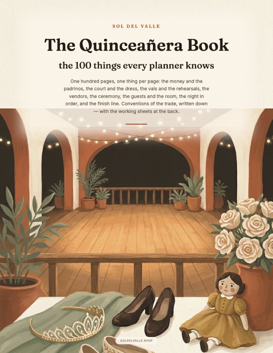The cover of The Quinceañera Book, showing the title over a salón terrace with a tiara, shoes and the última muñeca laid out