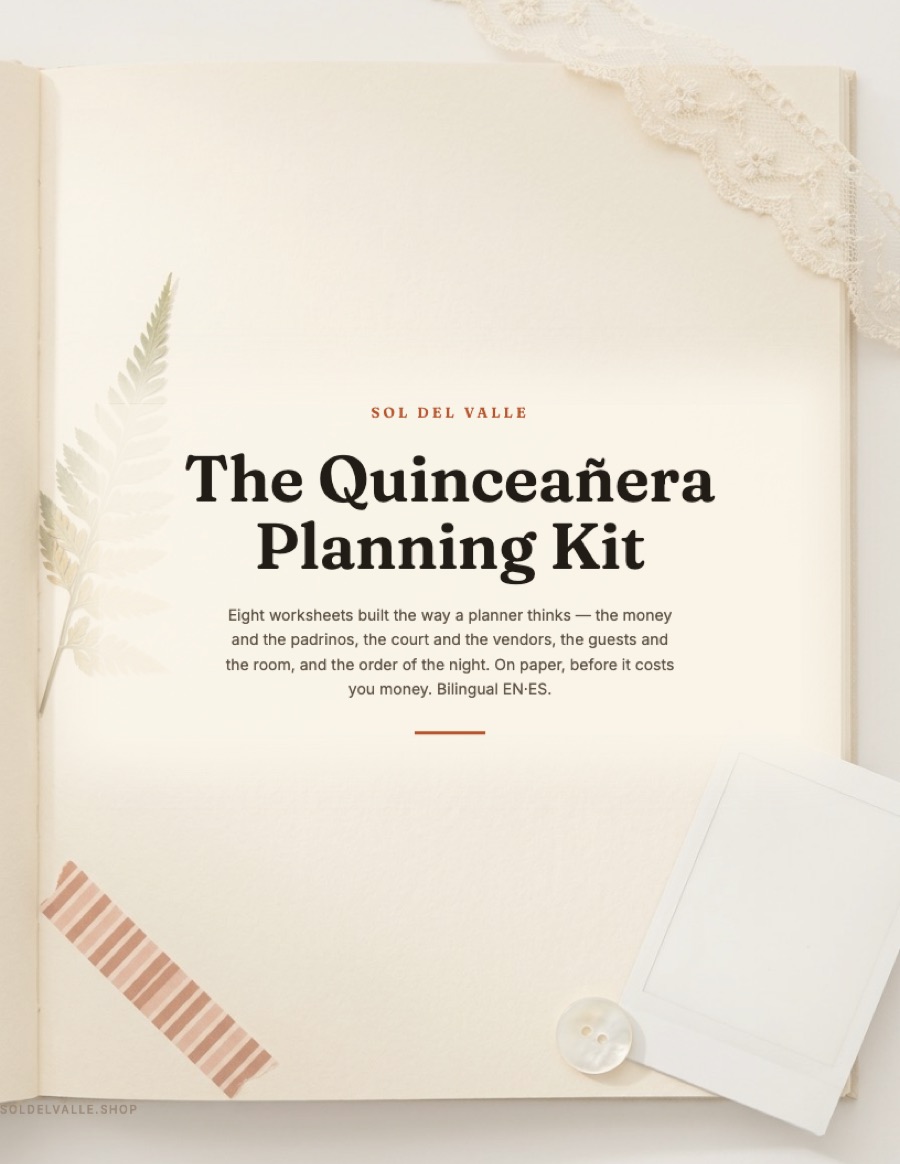 The cover and index page of the Quinceañera Planning Kit, printed and ready to fill by hand